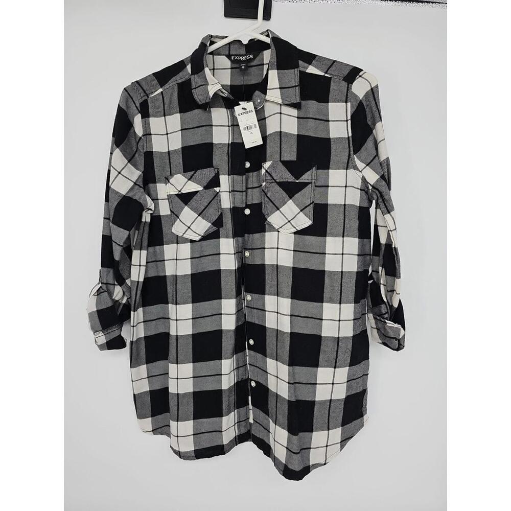 Express Boyfriend Shirt Womens XS Black Gray Button Soft Flannel Casual Top